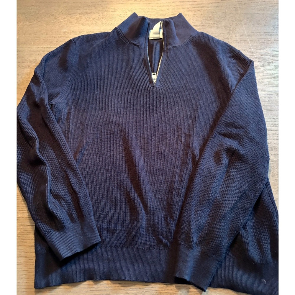 HM Mens Slim Fit Quarter Zip Ribbed Sweater Navy Blue Mock Neck Large